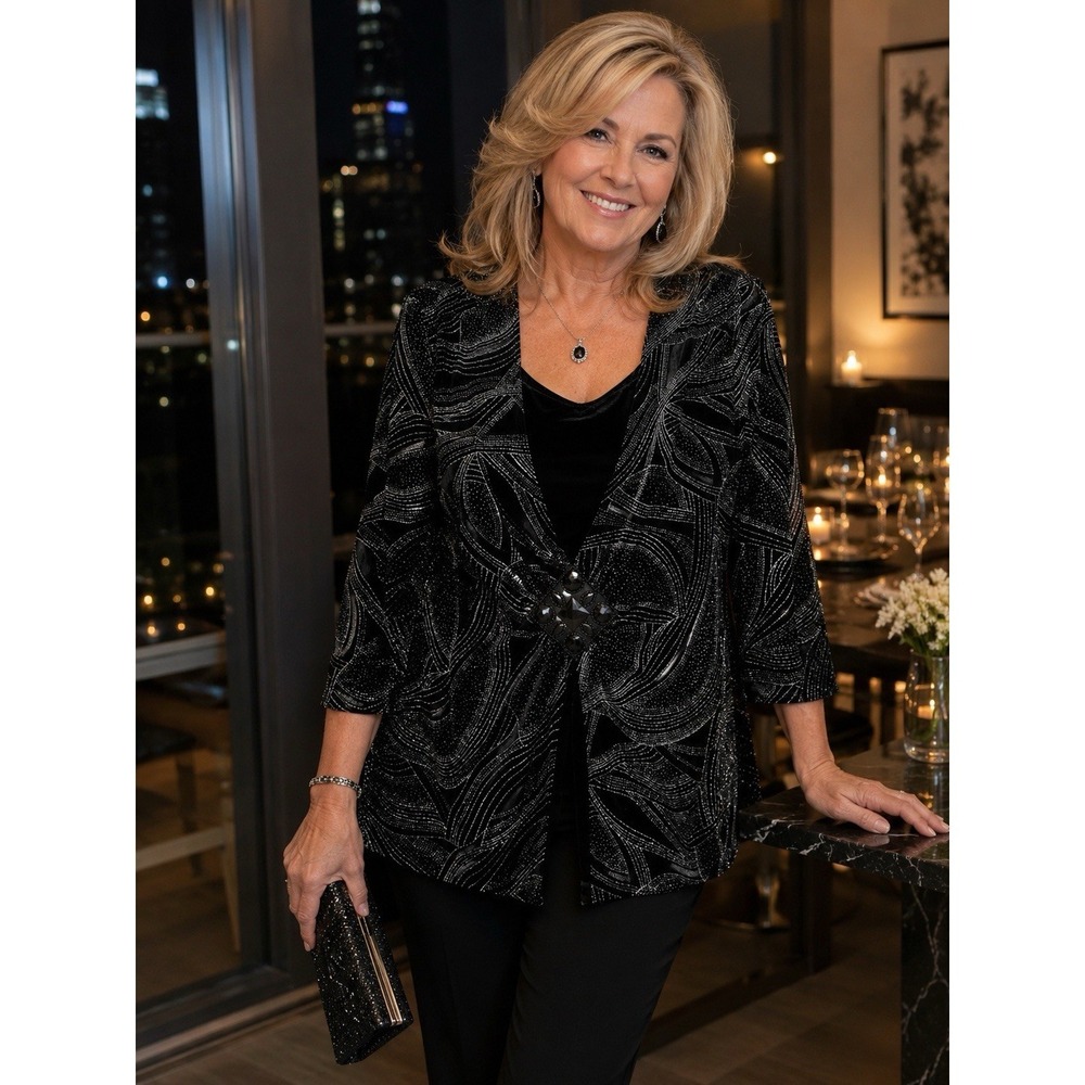 Notations Velvet Burnout Sparkle Jacket Women L Black Silver Glitter Evening Top